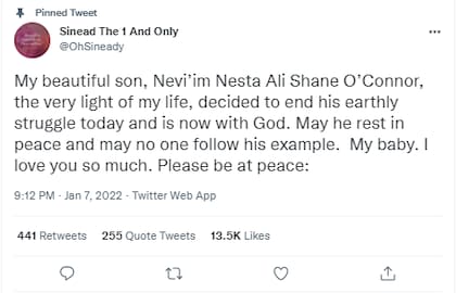 Sinéad O'Connor compartió una sentida publicación en Twitter para despedir a su hijo