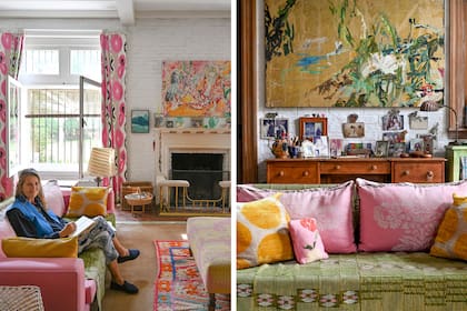 Sobre el escritorio, obra de la artista argentina Romina Salem Taborda. En el sillón, almohadones con un mix de estampas en perfecto equilibrio: un clásico inglés.