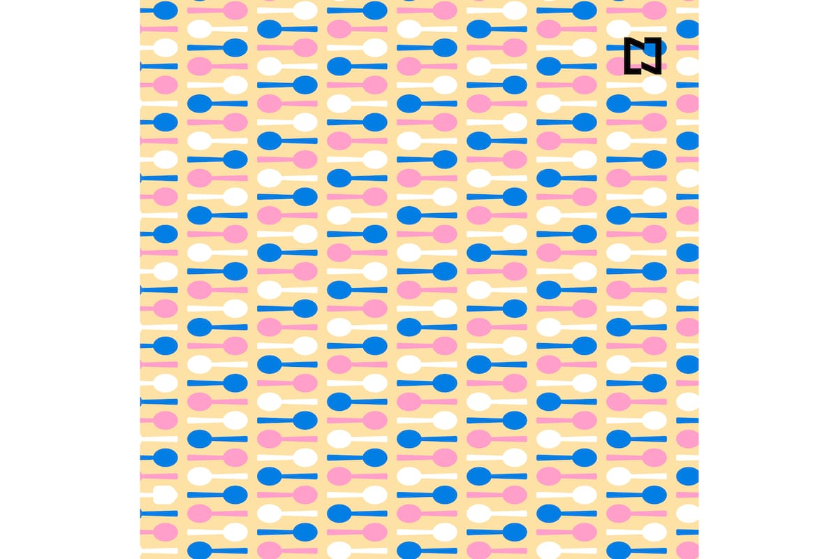 Sobre el fondo amarillo, los elementos de la imagen están dibujados en azul, blanco y rojo.