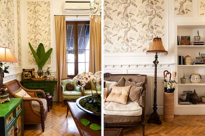 Sobre el mueble chino (grandes favoritos en los siglos XVIII y XIX), una bandeja sostiene cocos y velas con aroma a vainilla. Los sillones de ratán también aluden a una época en que el exotismo era furor. Piso de pino tea original.