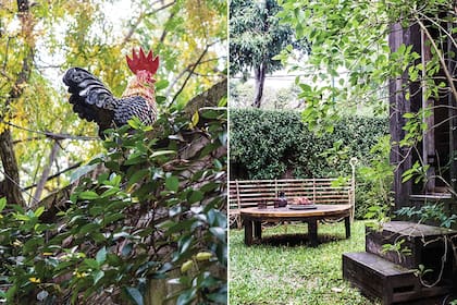 Sobre el verde, una mesa redonda hecha a medida (Pablo Ledesma), deliciosamente acompañada por un asiento semicircular