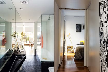 La bacha triangular y angosta es hábil solución para no interrumpir el paso. Ya en el cuarto, acolchado dos plazas cuadriculado ($989, Falabella) y almohadón geométrico (Étude Interiorismo)