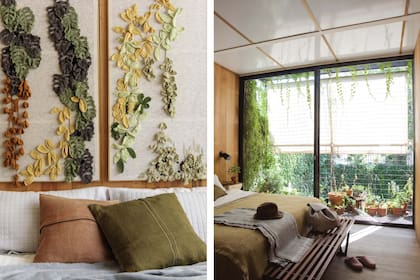 Sobre la cama, manta de lana verde y almohadones de lino (Materia). A los pies, banqueta ‘V’ (Net Muebles). Taco de álamo y aplique de pared negro (Net muebles). Obra ‘Jardín Vertical’, realizada por Par Paisaje en colaboración con Graciela Sposari.