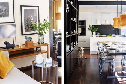 Sobre la consola (Ikea), lámpara con pantalla degradé de B&B Italia. La biblioteca también es vajillero y vitrina para exhibir objetos de diseño.