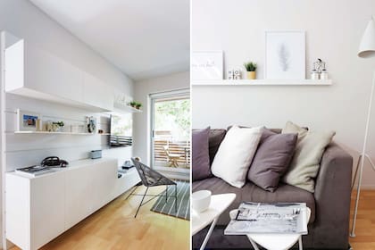 Sobre un revestimiento de listones de paraíso pintado de blanco, flotan dos módulos de madera laqueados en blanco.