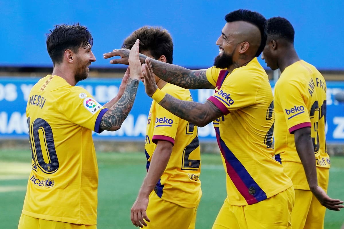 Soccer Football - La Liga Santander - Deportivo Alaves v FC Barcelona - Estadio Mendizorroza, Vitoria-Gasteiz, Spain - July 19, 2020 Barcelonas Lionel Messi celebrates scoring their fifth goal with teammates, as play resumes behind closed doors following the outbreak of the coronavirus disease (COVI