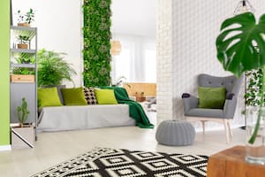 Sofá con almohadas verdes y manta de pie en el espacio abierto salón interior con sillón gris y reposapiés, moqueta en blanco y negro, plantas frescas y un jardín vertical en el fondo