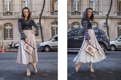 Sofi: Tapado de Charper $1499 / Remera rayada de Lituania $440 / Top de encaje de Cagnasso Pret. $700 / Falda plisada de Cagnasso Pret. $1600 / Sandalias de épica $1400 / Sobre de Katakali $1360