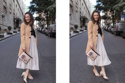 Sofi: Tapado de Charper $1499 / Remera rayada de Lituania $440 / Top de encaje de Cagnasso Pret. $700 / Falda plisada de Cagnasso Pret. $1600 / Sandalias de épica $1400 / Sobre de Katakali $1360