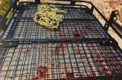 Sogas, rejas y el techo del vehículo ensangrentado, fotografiado en la escena del crimen