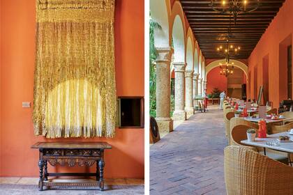 ‘Sol’, el tapiz tejido en cintas de lino con cuero dorado a la hoja es obra de Olga de Amaral, hecho exclusivamente para el hotel.