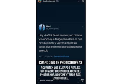 Sol Pérez se declaró a favor de los "cuerpos reales" y en contra de usar Photoshop para editar su figura (Instagram)