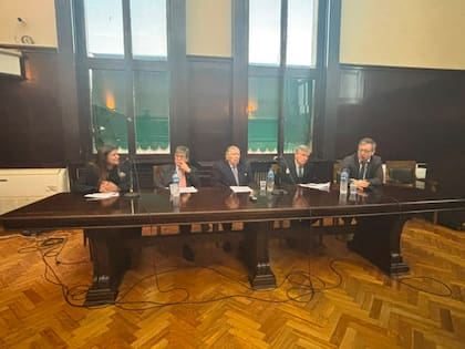 Sola junto a Elena Gómez, Douglas Elespe y Héctor Mairal en la charla sobre "Constitución y Economía"