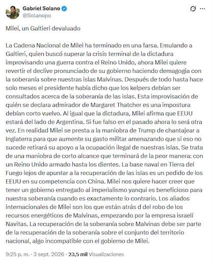 Solano tildó al Presidente de "un Galtieri devaluado"