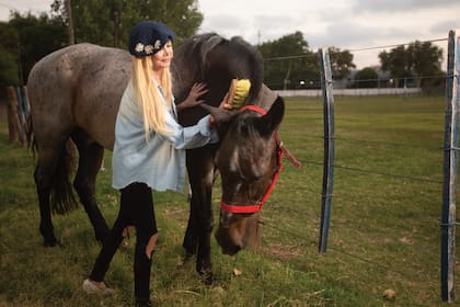 Soledad cepilla a su caballo mestizo. “En los papeles se llama Toscano Orosman, pero yo le digo Moro, lo tengo hace veinte años. Siempre digo que es como un tercer hijo para mí”, explica entre risas.