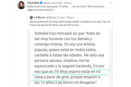 Soledad se refirió a sus declaraciones y le respondió a una fan (Foto: Twitter @sole_pastorutti)