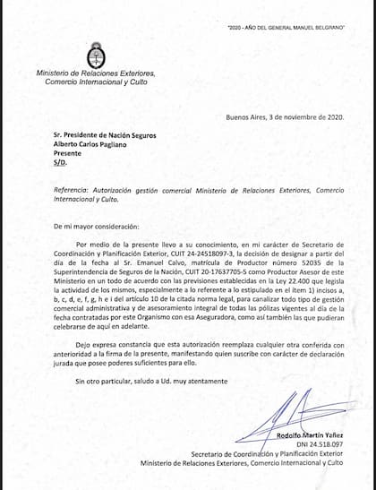 Solicitud del Ministerio de Relaciones Exterior, Comercio Internacional y Culto