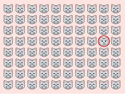 Solución: el rostro con el gato diferente se halla en la segunda columna, cuarta posición, de derecha a izquierda