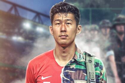 Son y una ilustración que simboliza su realidad: mitad futbolista, mitad soldado en servicio militar
