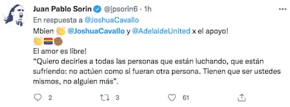 Sorin respondió el tuit de Cavallo y felicitó al Adelaida United por su apoyo al jugador