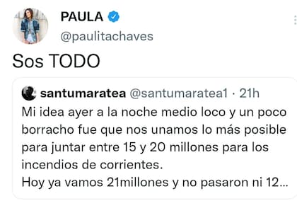 "Sos TODO", escribió Paula Chaves en un tuit de Santiago Maratea