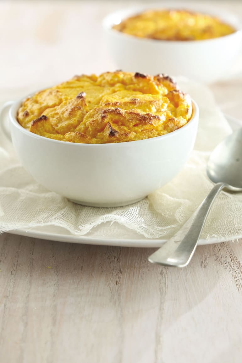 Soufflé de calabaza y queso azul, una propuesta que se puede sumar al menú como estupendo plato de entrada.