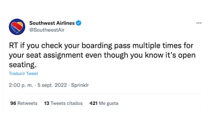Southwest Airlines compartió que sus asientos son libres