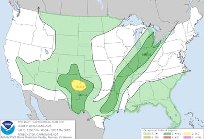 SPC alerta riesgo marginal para norte de Houston: posibles ráfagas de viento dañinas y granizo pequeño en tormentas vespertinas