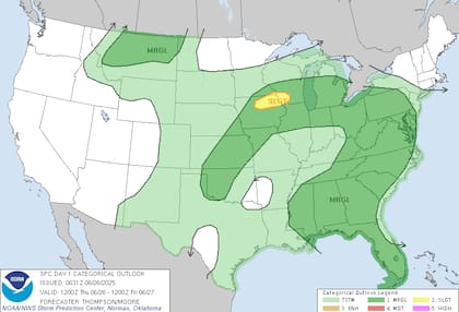 SPC emite alerta por tormentas severas en el corredor Iowa-Wisconsin: esperan ráfagas destructivas, granizo grande y posibles tornados aislados