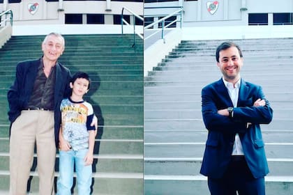 Stefano Di Carlo junto a su abuelo Titi en el Monumental y ahora, 30 años después. Dos presidentes de River
