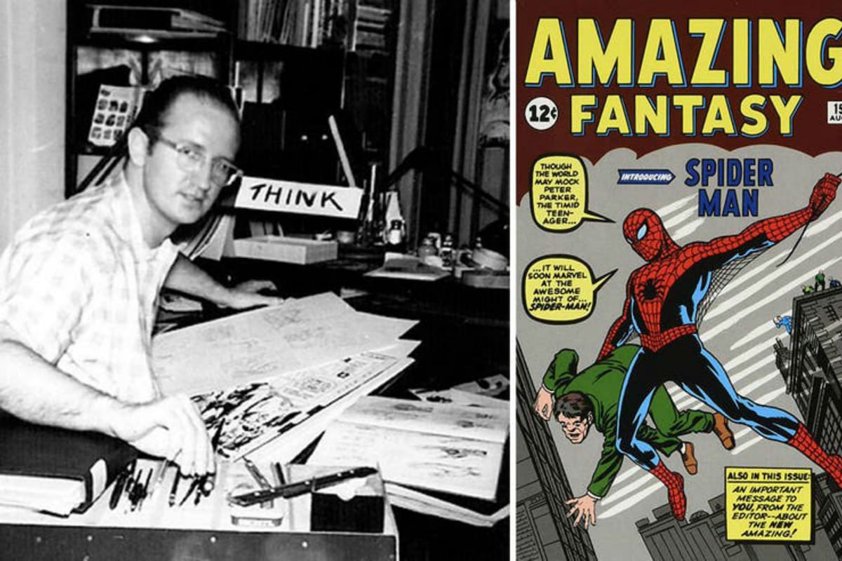 Steve Ditko junto a la primera aparición de Spider-Man