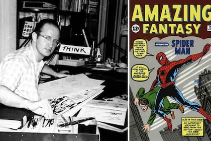 Steve Ditko junto a la primera aparición de Spider-Man