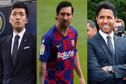 Steven Zhang, dueño del Inter; Messi y Nassel Al-Khelaifi, presidente del PSG