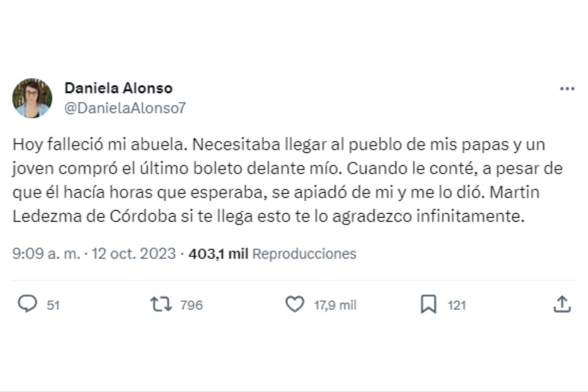 Su abuela murió y casi se queda sin viajar al velatorio, pero el gesto de un hombre le cambió el día (Foto: captura X/@DanielaAlonso7)