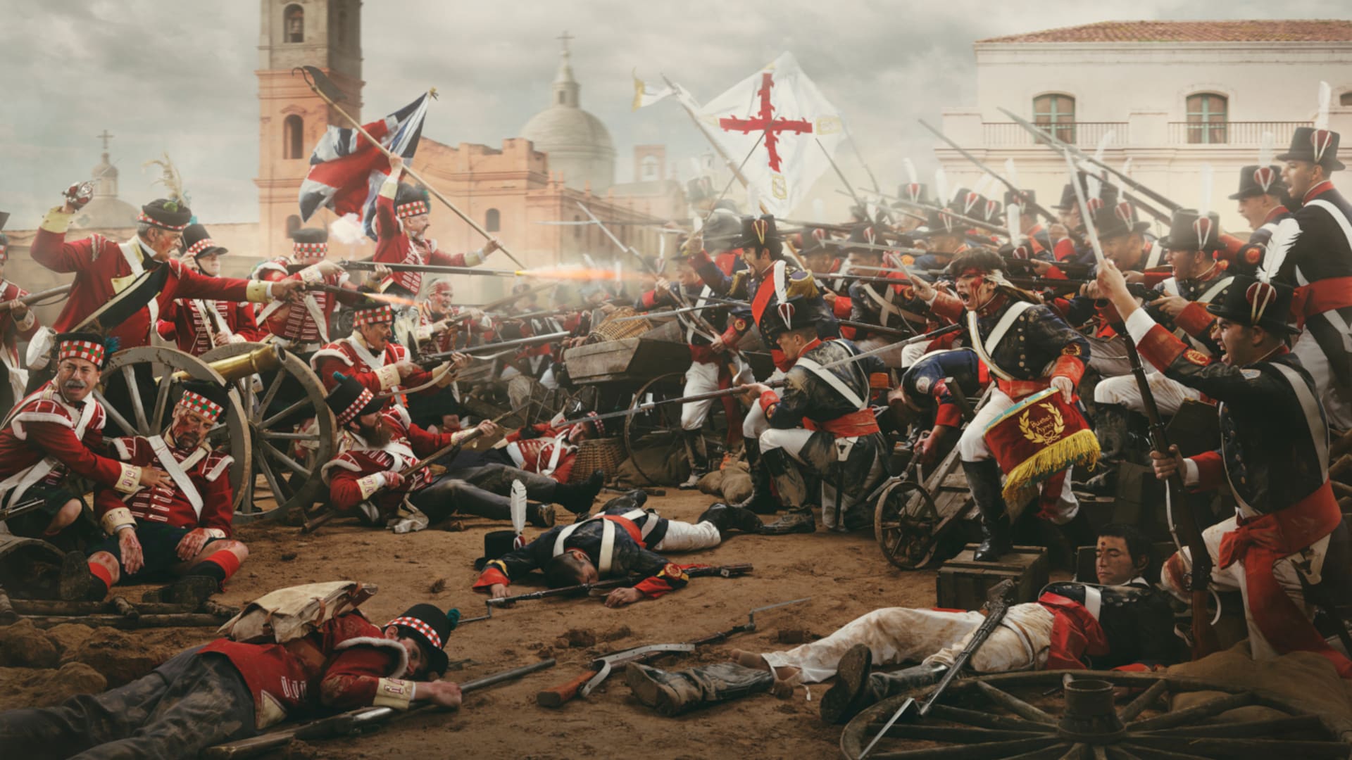 Su colección "Batallas" es la más reciente. Esta imagen representa la lucha por la independencia en la segunda invasión inglesa de 1807. En ese episodio las tropas británicas fueron rechazadas cuando intentaron ocupar Buenos Aires.