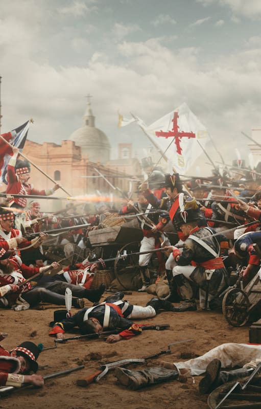 Su colección "Batallas" es la más reciente. Esta imagen representa la lucha por la independencia en la segunda invasión inglesa de 1807. En ese episodio las tropas británicas fueron rechazadas cuando intentaron ocupar Buenos Aires.