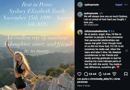 Su familia usó la cuenta oficial de la influencer para comunicar la noticia - @sydneytowle