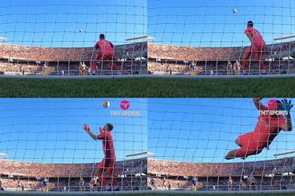 Su gol contra Boca, visto desde atrás de la red del arco custodiado por Agustín Rossi