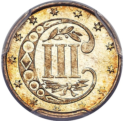 Su valor nominal es de tres centavos, algo distintivo para la época, ya que se requería facilitar el cambio en un sistema monetario donde aún circulaban monedas extranjeras