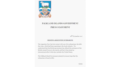 Submarino ARA San Juan, comunicado del gobierno de las islas Malvinas