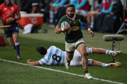 Los Pumas cayeron frente a Sudáfrica en el Rugby Championship. Aquí, el final de la jugada del segundo try
