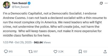 Suozzi sostuvo que no podía apoyar a un socialista que carecía de trayectoria política