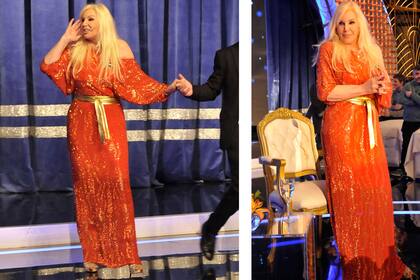 Susana Giménez eligió un vestido en rojo shoking con lazo en dorado, sexy, el escote del modelo deja ver un hombro