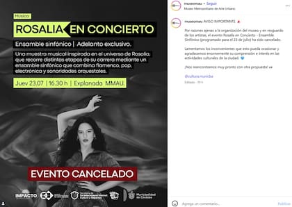 Suspendieron el tributo a Rosalía en Córdoba (Foto: Captura Instagram/@museomau)