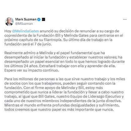 Suzman, a cargo de la Fundación, también le agradeció a Melinda por sus contribuciones