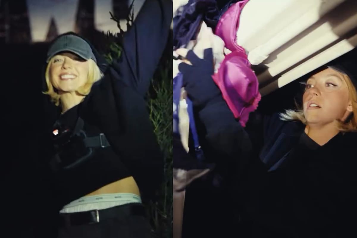 Sydney Sweeney causó polémica por colgar corpiños del famoso cartel de Hollywood para promocionar su nueva marca de ropa interior