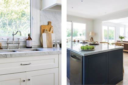 Tablas de madera y mármol (Valsen). La isla (2,7 x 1,2 m) está pintada de gris azulado ‘SW 6250 Granite Peak’ (Sherwin Williams).
