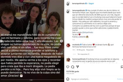 Tamara Pettinato compartió en su cuenta de Instagram el mensaje de su hermano Felipe en el día de su cumpleaños número 30