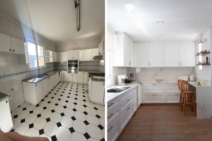 También apostó por el dorado la arquitecta Lola Fernández al remodelar esta cocina señorial, para acompañar la tonalidad del nuevo piso en porcelanato símil madera (SBG)