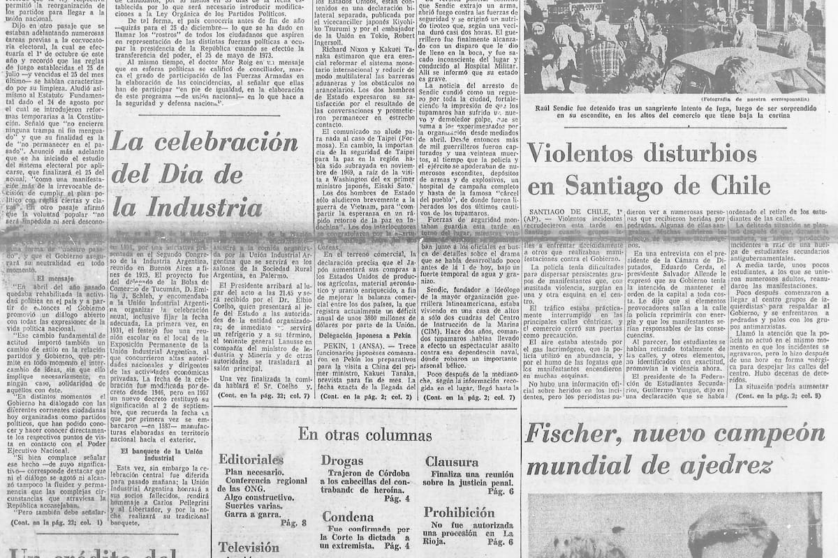 Tapa de La Nacion cuando Fischer se coronó Campeón Mundial de Ajedrez